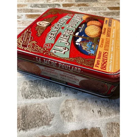 La Mere Poulard French Biscuit Tin Selection 1888 Red Collectible Metal Box 9x9 - Picture 3 of 8